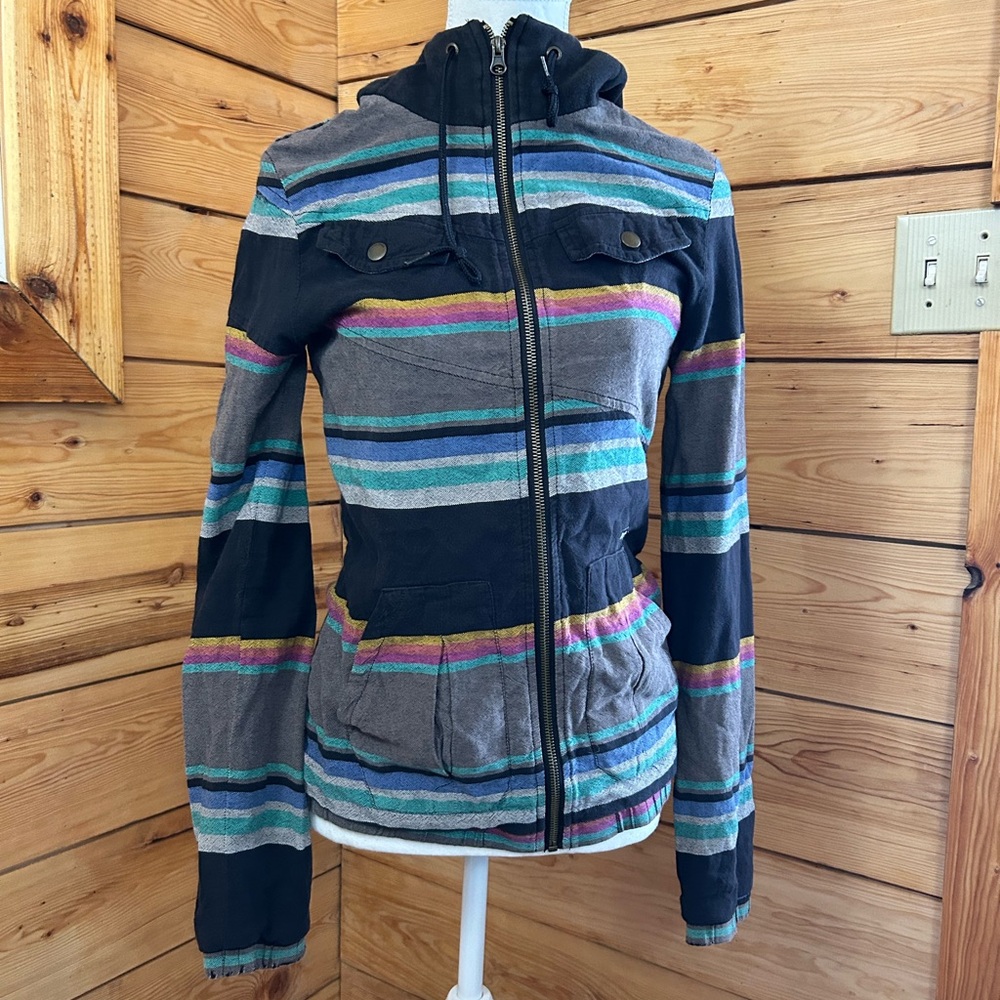 Volcom Vintage Enemy Lines Jacket Women’s Small Striped Zip Up Hoodie Y2K Retro